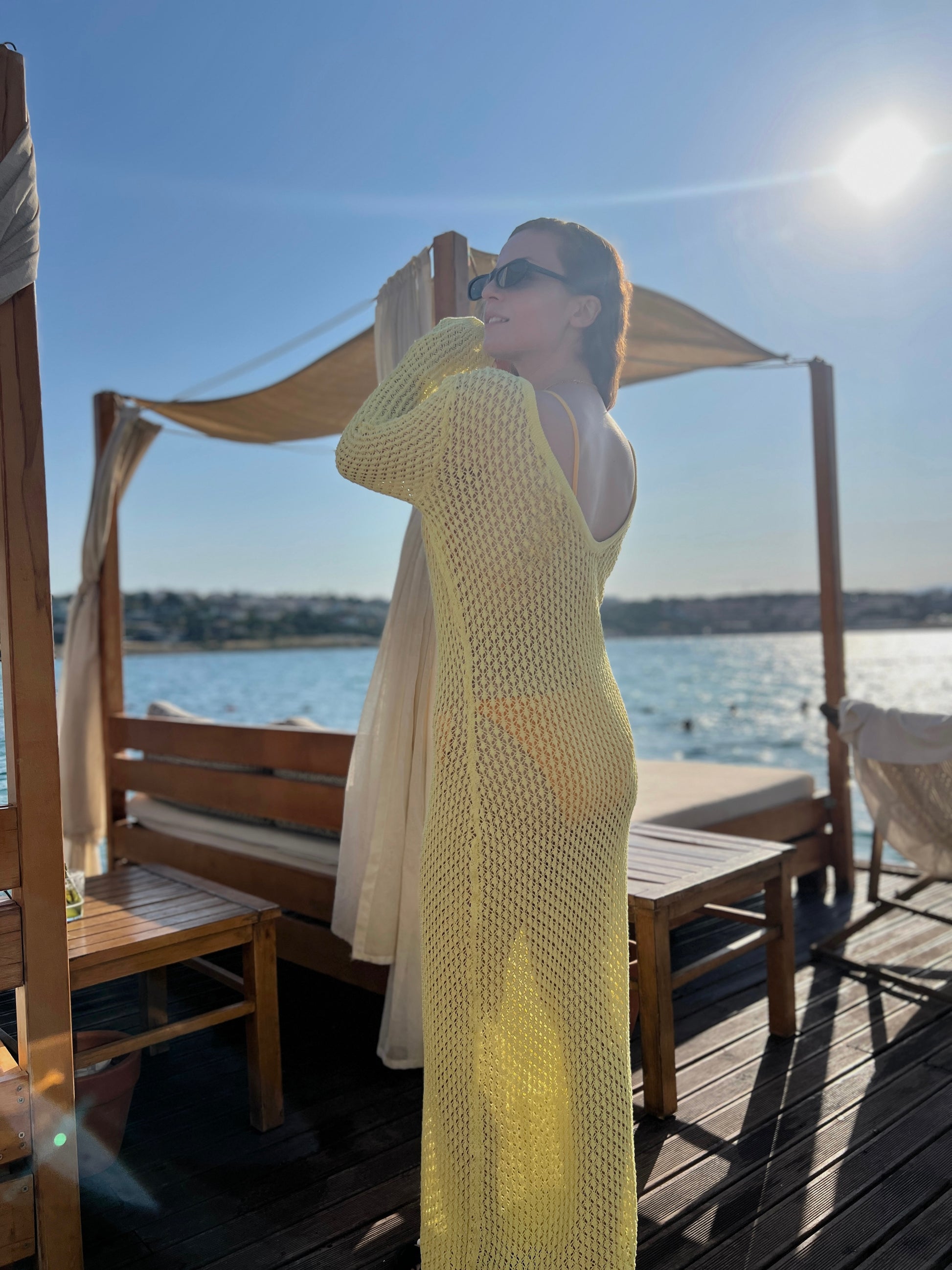 Sarı Ajurlu Plaj Elbisesi