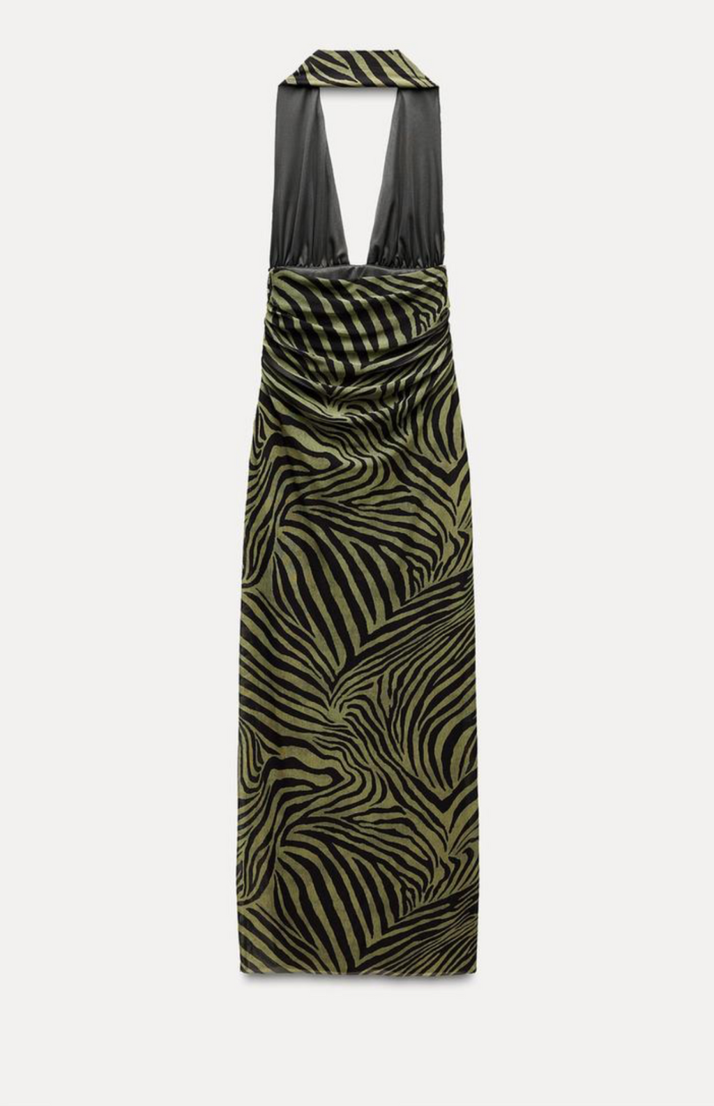 Yeşil Boyundan Geçmeli Zebra Desenli Elbise – Tül Hafifliği ve Modern Kesim