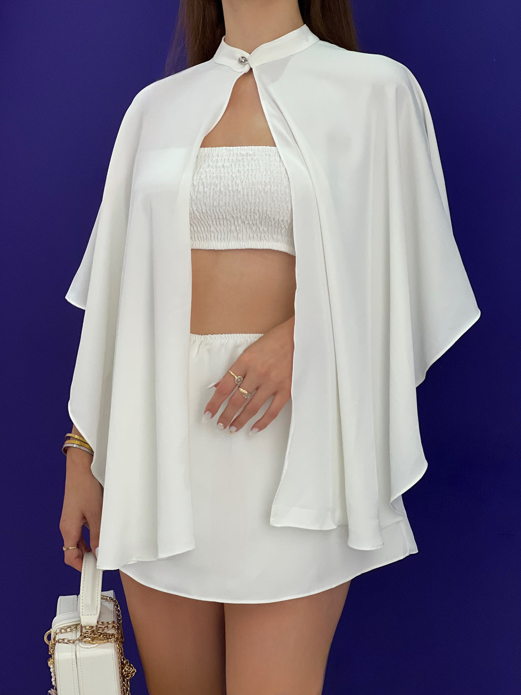 Beyaz Şifon Üçlü Takım | Pelerinli Gömlek Crop Şort Set